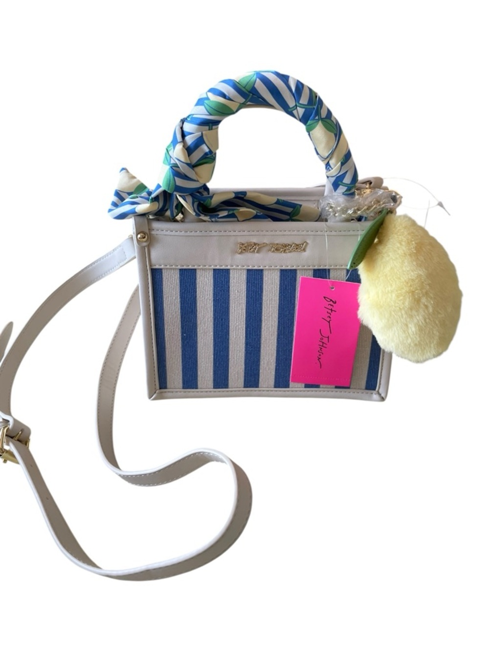 Betsey Johnson White & Blue Striped Mini Satchel with Scarf Handle Lemon Charm